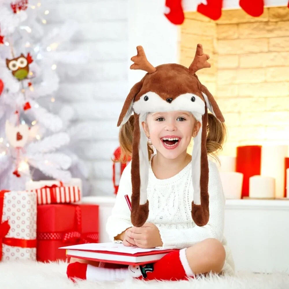 Kids Elk Animal Hat with Ears Moving Jumping Pop Up Beating Plush Holiday